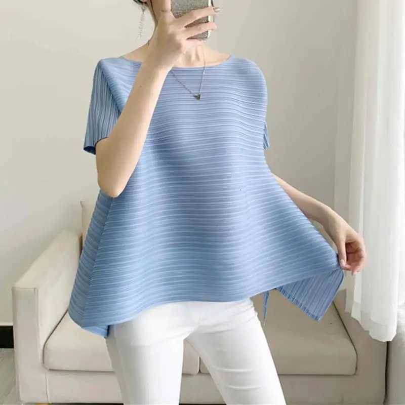 All-match Summer Loose Striped Round Neck Spliced Slanted Top X250724