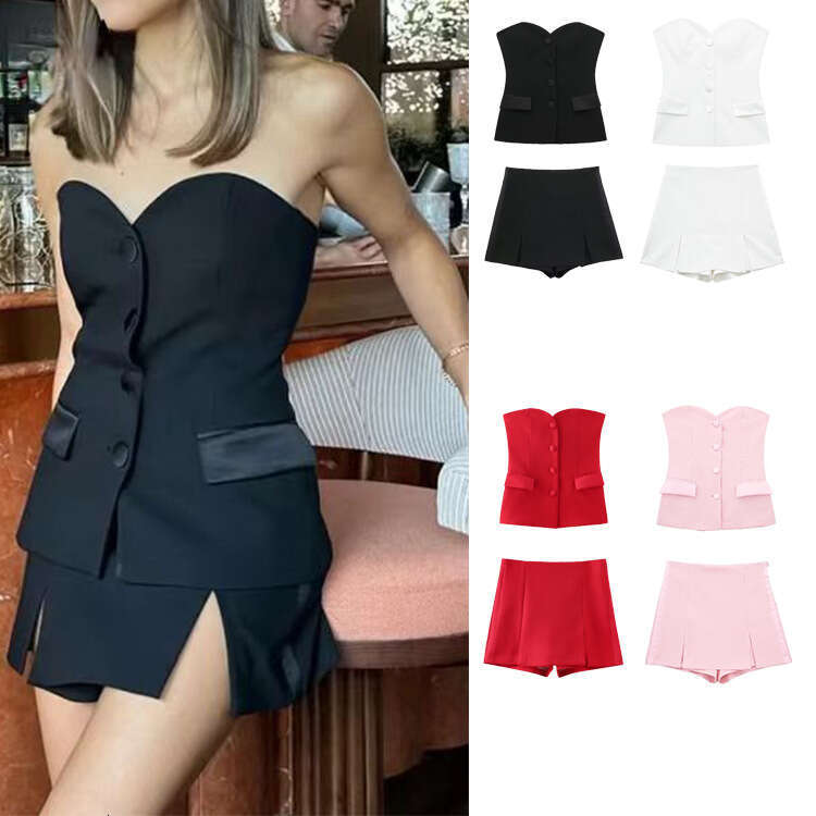 Women's Silk Satin Patchwork Tight Top And Cargo Split Skirt Pants Set B5