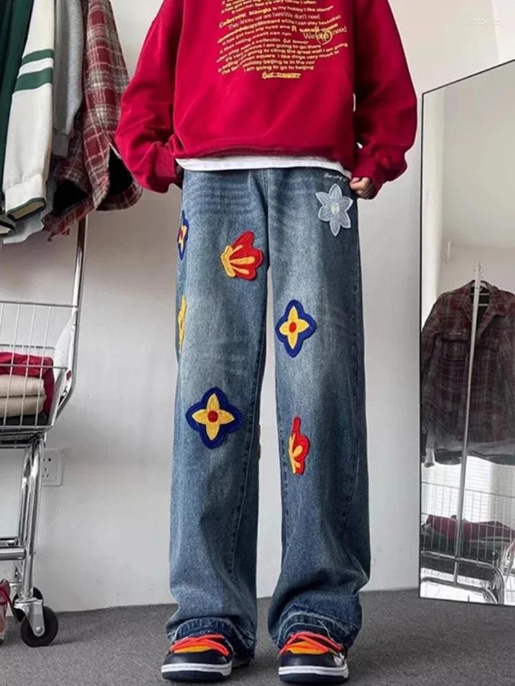 Spot goods Men's Hoodies Autumn Flower Embroidery Jeans Hip Hop Fashion Baggy Denim Trousers Women's Vintage Streetwear Blue Straight Jean