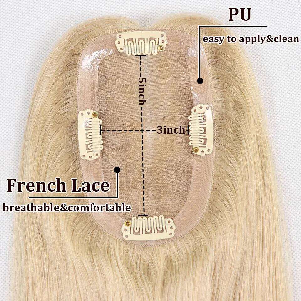 16" Blonde Human Toppers Women Breathable Lace With PU Pieces For Hair Loss Straight Clip In Extensions Toupee