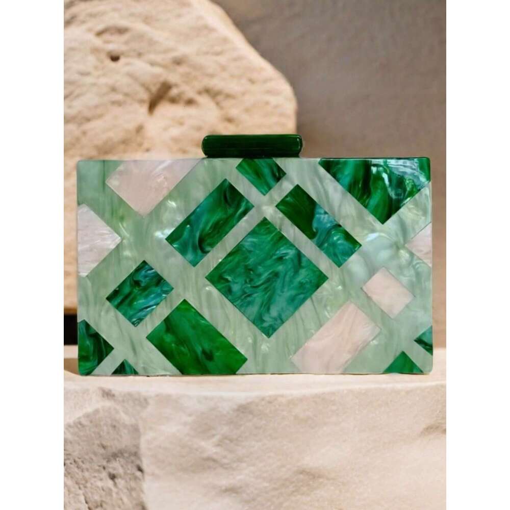 Designer Luxury Evening Diamond Green Plaid Acrylic Women's Clutch Dress Makeup Crossbody Chain Evening Bag Elegant
