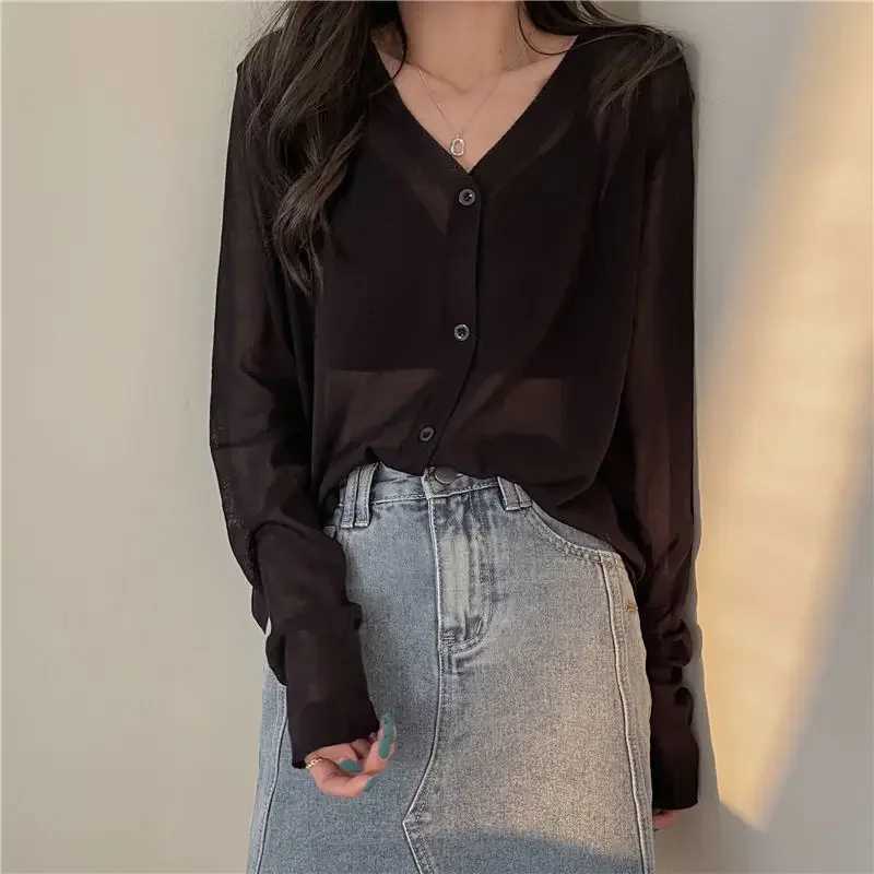 2024 Korean Simple Style Comfortable Ice Silk Thin Knitwears Solid V Neck Long Sleeve Slim Fit Button Cardigan X250724