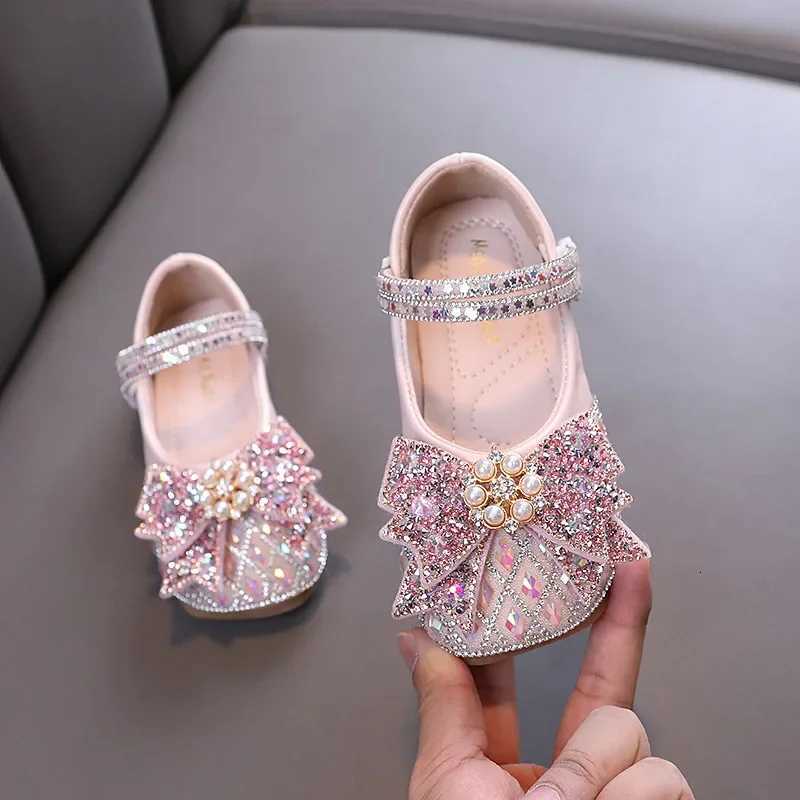 Spring Autumn Girl Princess Shoes Rhinestone Bowtie Kids Leather Shoes Fashion Casual Sequins Children Casual Wedding Flat Shoes XJ250724