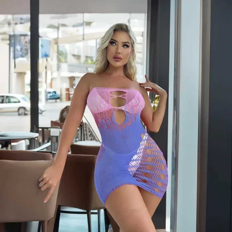 Sexy Colored Gradient Style Bodysuit Women Sexy Lingerie Erotic Fishnet Bodystockings Underwear Porn Outfit Club Dress W250724