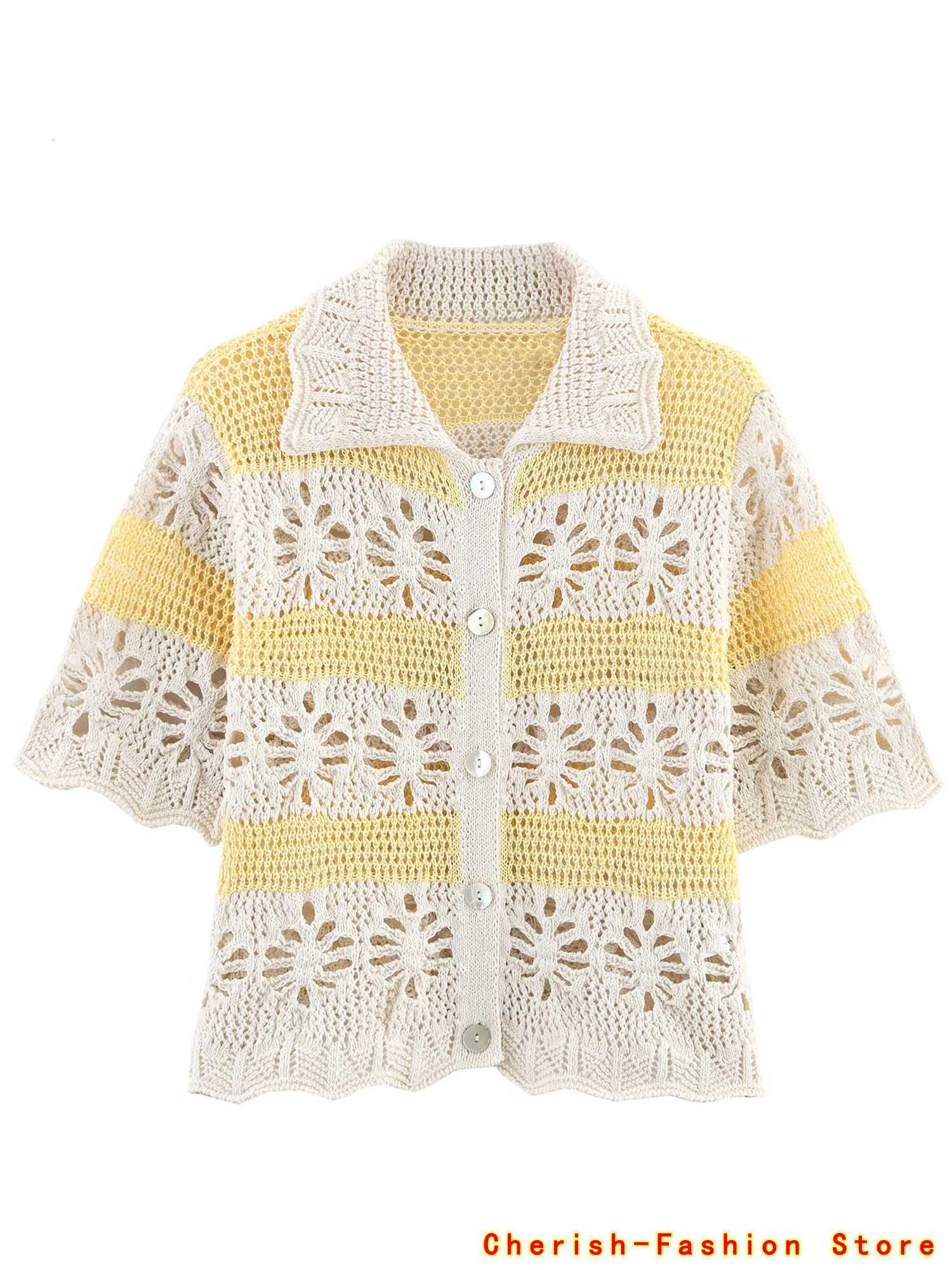 Embroidery Hollow Out Blouse Top Short Sleeve Cardigan Women Summer Boho Vacation Outfit Knit Cardigan Contrast Color Lapel Hot X250724