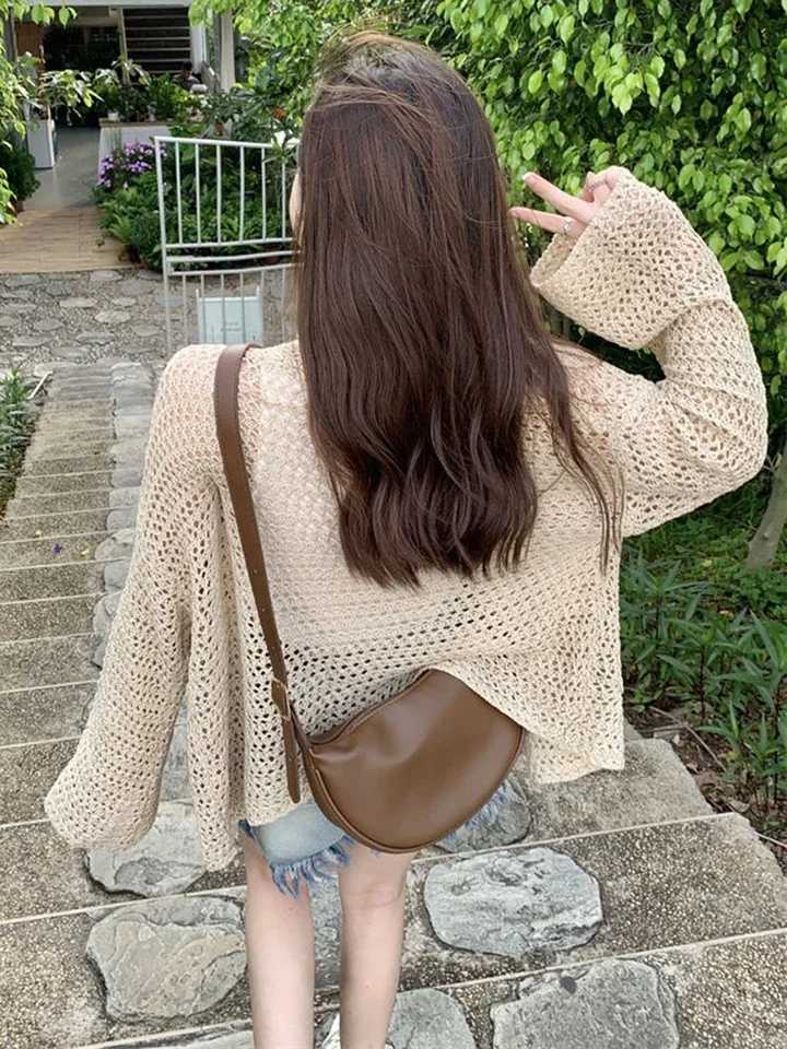 Women Hollow Out Knitted Cardigan Sweaters Autumn Simple Lazy Wind Long Sleeve Outerwear Boho Sun Proof Holiday Lady Coat Tops X250724