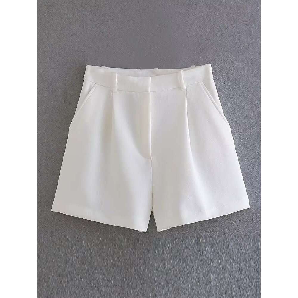 TRAFZA Spring Summer New Women's Versatile High Waist Solid Color Pleated Wide Leg Casual Shorts B5