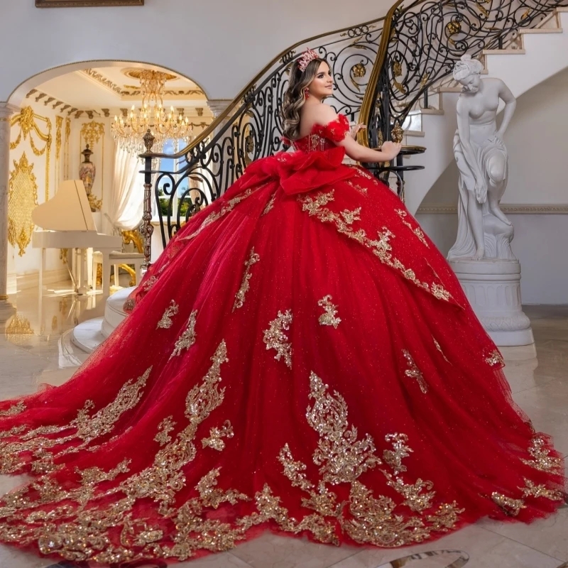 Red Shiny Quinceanera Dresses Off Shoulder Ball Gown Sweet 16 Dress Gold Applique Beading Bow Tull Birthday Party Vestidos 15 Anos