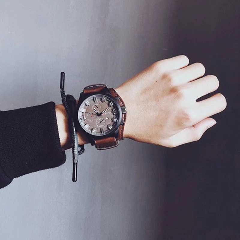 1KAZ Luxury Business Men Quartz Watch Classic Retro Mens Watches Big Dial Leather Strap Date Military Wristwatch for Man W250724