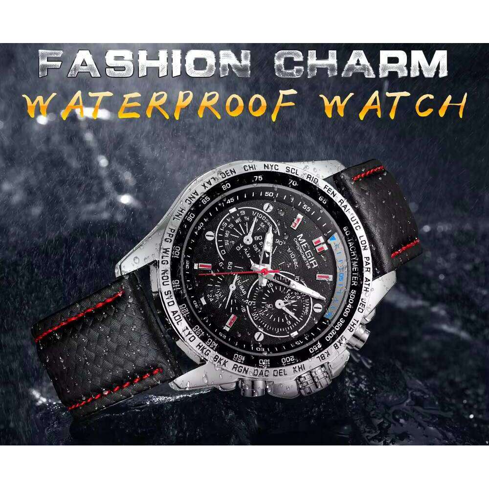 DHwatches MEGIR Men's Sports Watch - 30M Waterproof, Luminous, 6-Hand Design, Leather Strap, Quartz Wristwatch for Active Men
