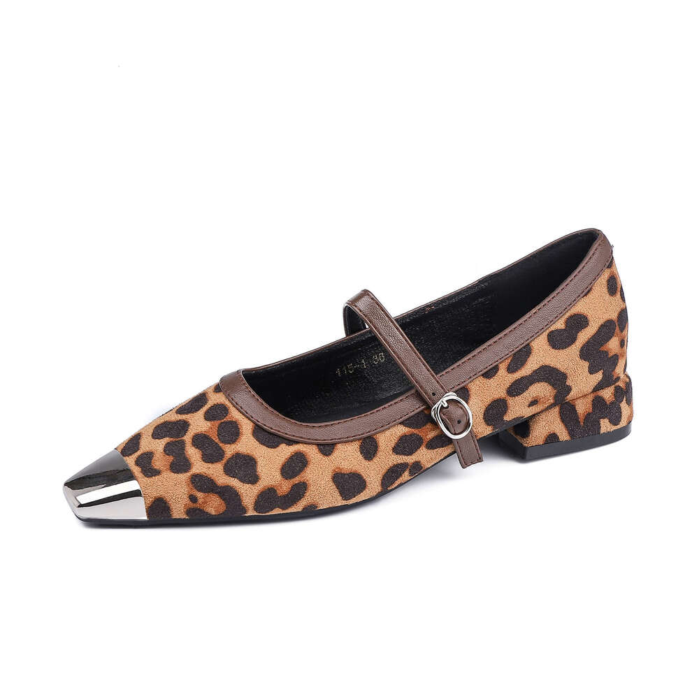 Leopard Print Shallow Mouth Single 2025 Spring Summer New French Style Patchwork Mary Jane Shoes Versatile High for Women Chunky Heels