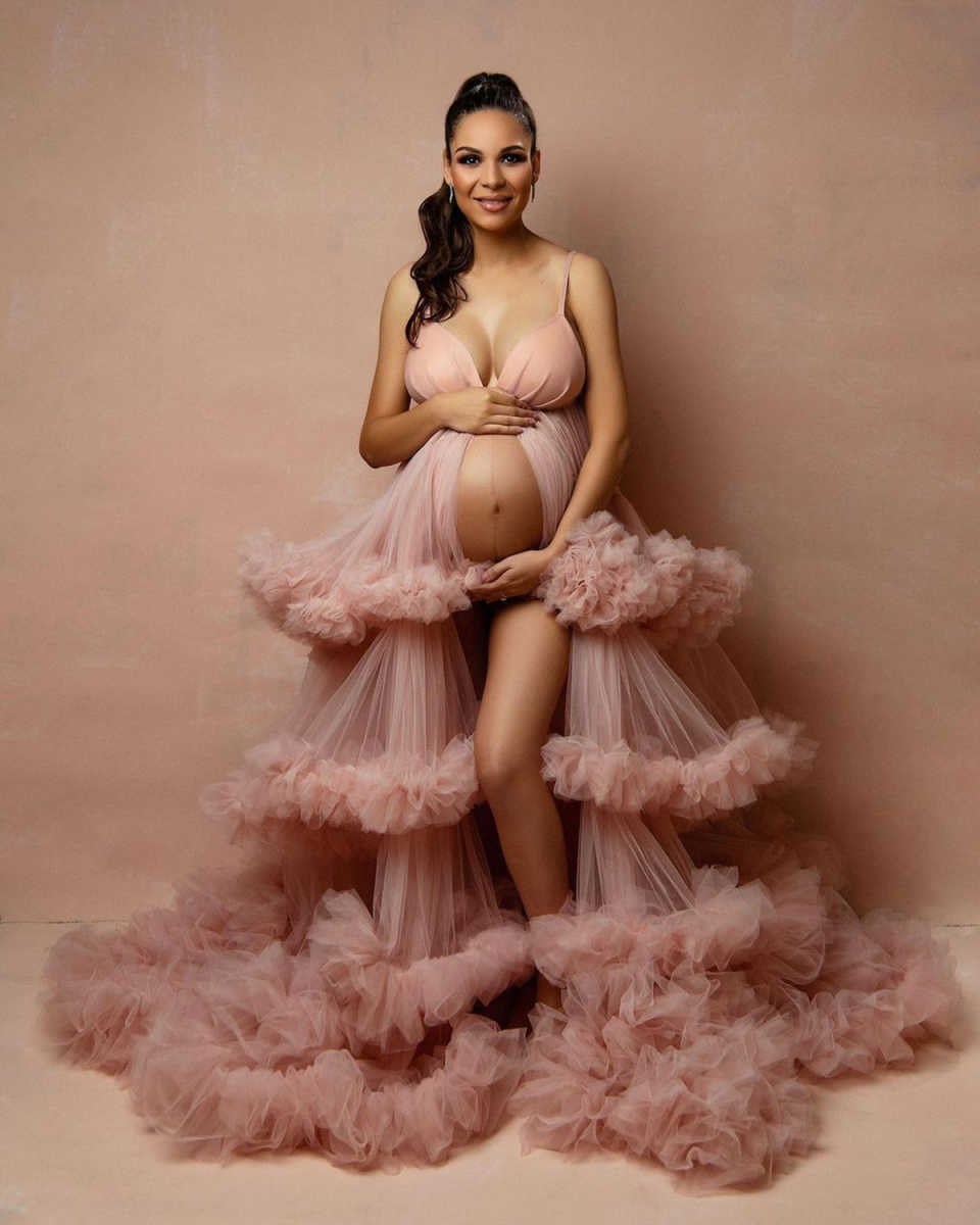 Pregnant Women Prom Dress Pink Sleeveless Dresses Ruffles Photography Props Baby Showers Pregnant Gown