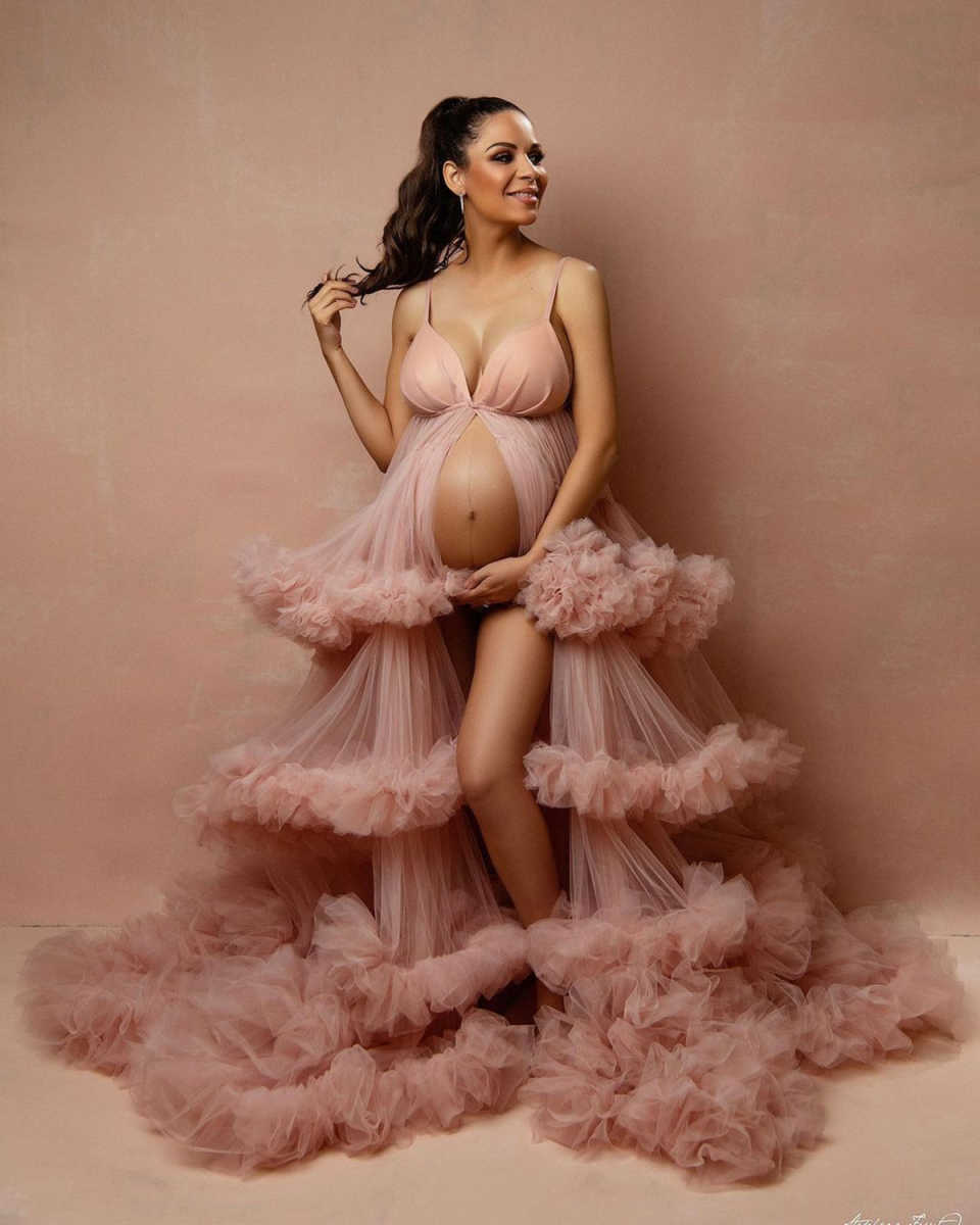 Pregnant Women Prom Dress Pink Sleeveless Dresses Ruffles Photography Props Baby Showers Pregnant Gown