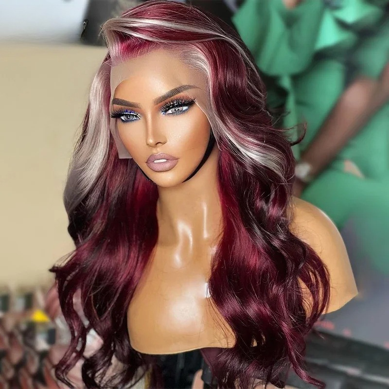 Blonde with Burgundy Body Wave Human Hair Wigs Transparent 13x4 Lace Frontal Wig Highlight Closure Wig Pre Plucked Synthetic Wig