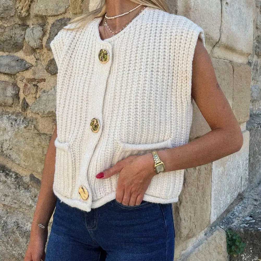 Knit Vests For Women Vintage Solid Metal Buttons Sweater With Pockets O Neck Sleeveless Waistcoat Crop Top Vest Cardigan X250724