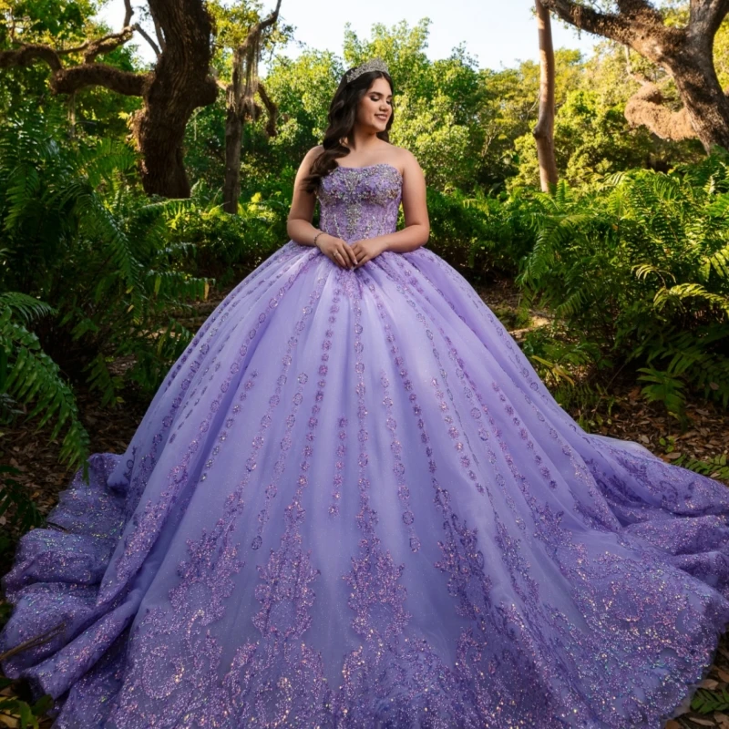 Lavender Shiny Quinceanera Dresses Off Shoulder Ball Gown Sweet 16 Dress Sequin Applique Lace Beading Crystal Tull Birthday Party Vestidos 15 De Anos