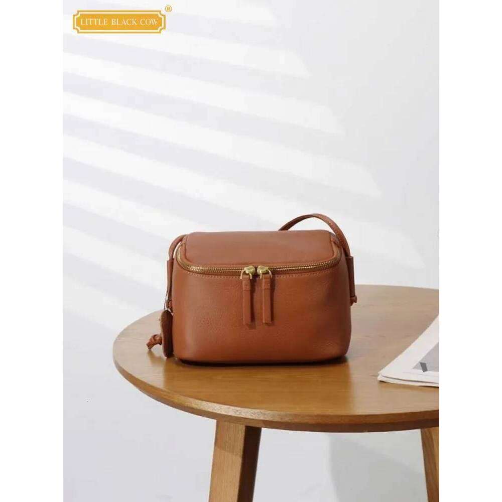 Women New Small Square Zipper Fashion Box Solid Color Genuine Leather Bag Ladies Casual Single Shoulder Crossbody Bags