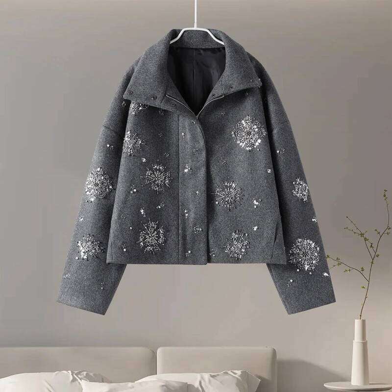 Designer niche casual embroidery beaded loose lapel collar bat sleeve solid wool blend jacket new women's spring coat