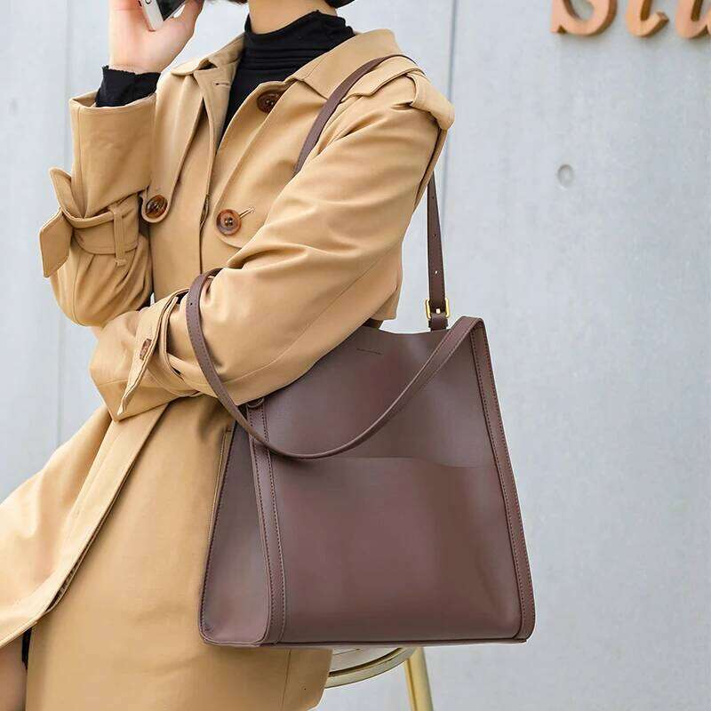 Women's Cow Leather Shoulder Lady Soft Cowhide Design Tote Casual Bucket Handbags Female High Quality Fashion Bags