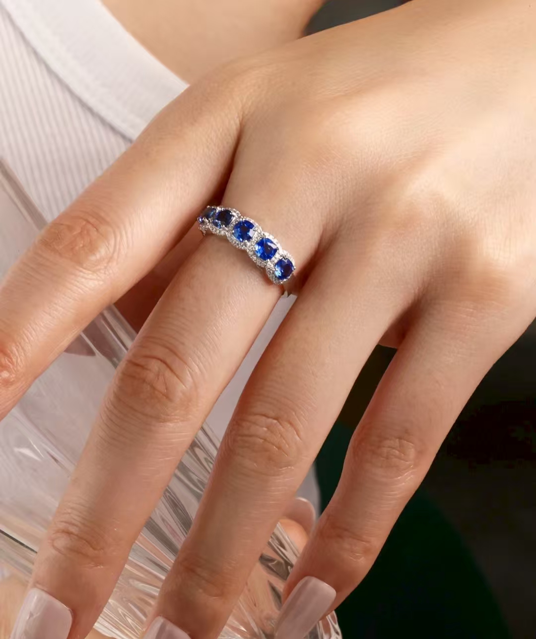 Handmade Wedding Rings Jewelry Sterling Sier Fill Blue Sapphire Gemstones Party Eternity Women Engagement Band Ring For Lover Gift