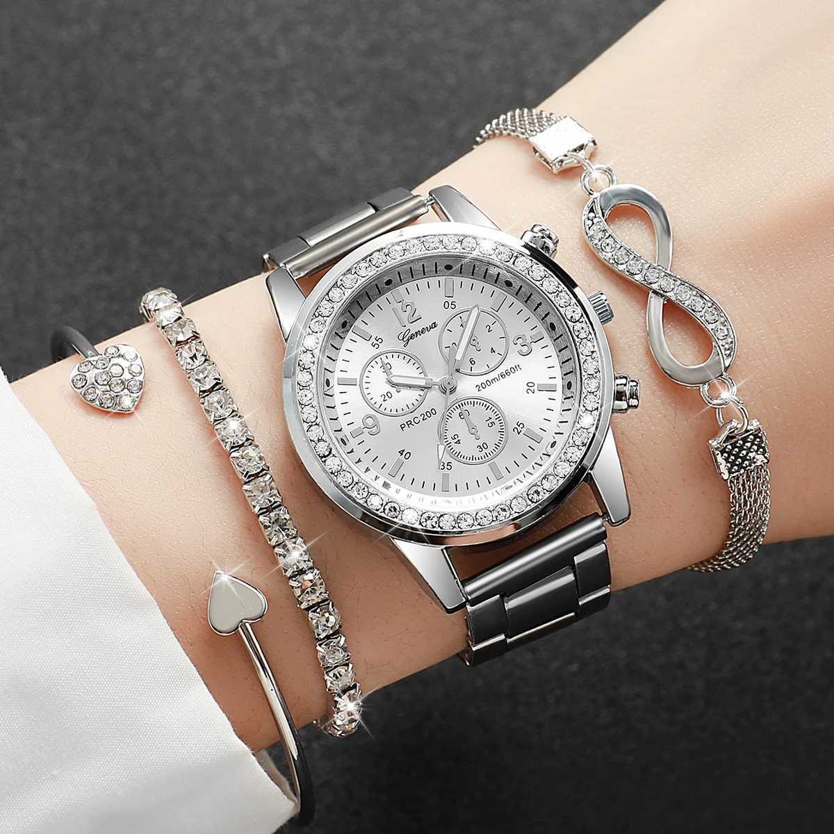 4PCS/Set Fashion Rhinestone Womens Watch Stainless Steel Band Quartz Watches Silver Bracelets Set W250724