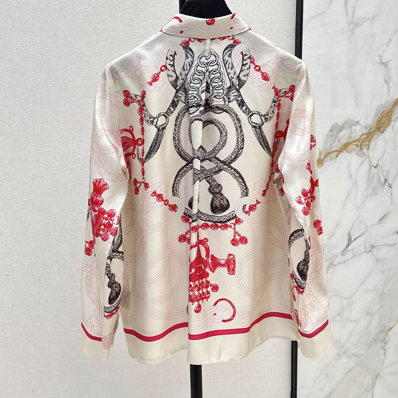 Women's Chain Print Silk Shirt Y2K Luxury Designer Classic Long Sleeve Single Breasted Oversized Blouse Casual Fashion Runway ClothingS0763