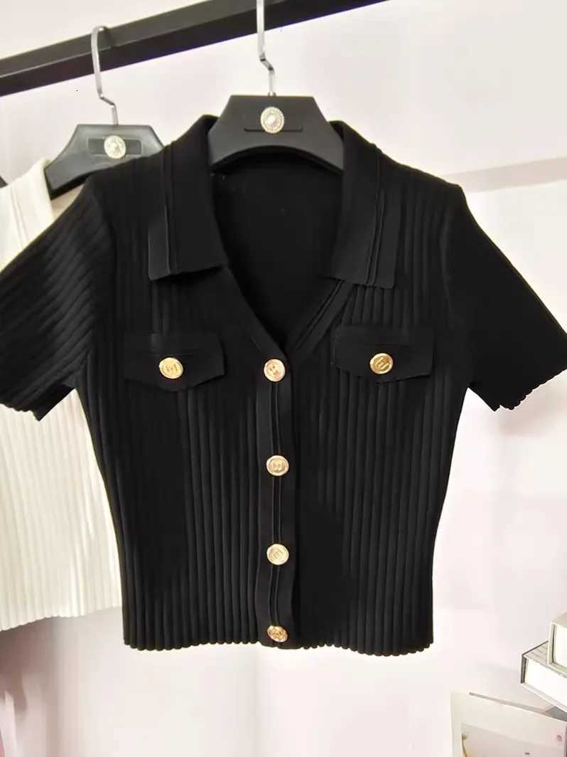 2024 Summer Womens Sweater Cardigan Slim Knit Ice Silk Crop Tops Knitwear Short Sleeve V-neck Elegant Fashion Chic Ladies Jumpsuit X250724