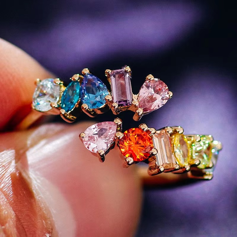 Korea Colourful Custom 14k Gold Wedding Rings for Women Wedding Ring Set 14k Gold With Lab Gemstone Fashion Ring Set for Girls