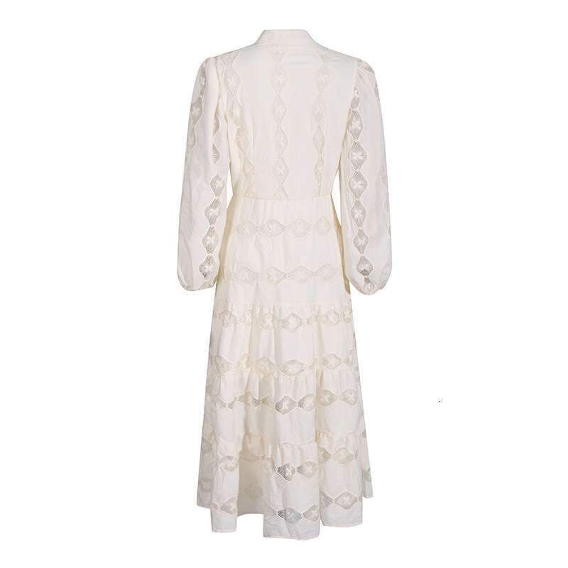 White Skirt Maxi Skirt French Court Style Long Summer New Fashion Stand Collar Lantern Sleeve Embroidered Printed Hollow Out Dress For Women Long Skir