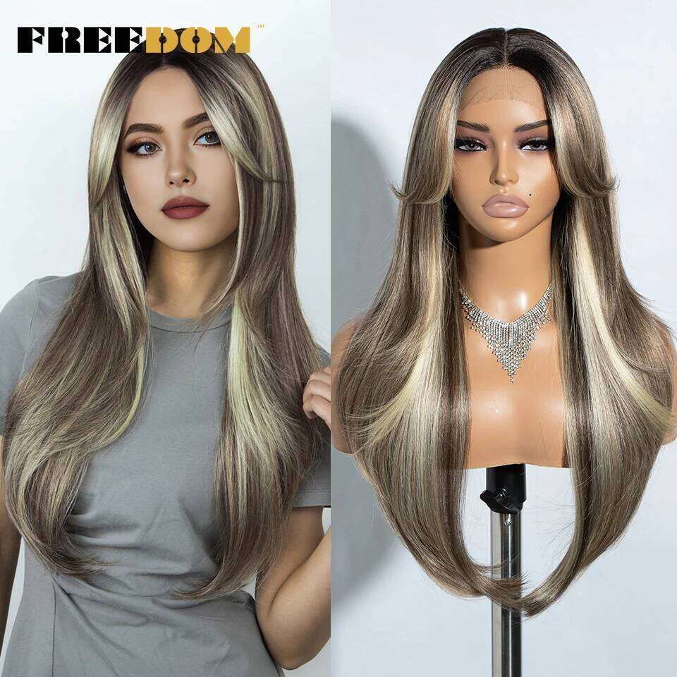 Synthetic Front For Women Straight Lace With Bangs Ombre Brown Human Hair Highlight Blonde Wigs Cosplay Wig