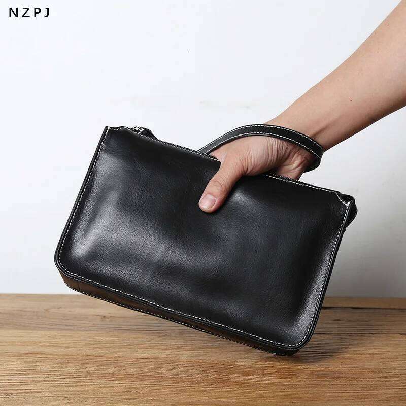 NZPJ Genuine Leather Men's Clutch Natural Cowhide Wallet Large Capacity Mobile Phone Bag Casual Businesse Envelope For