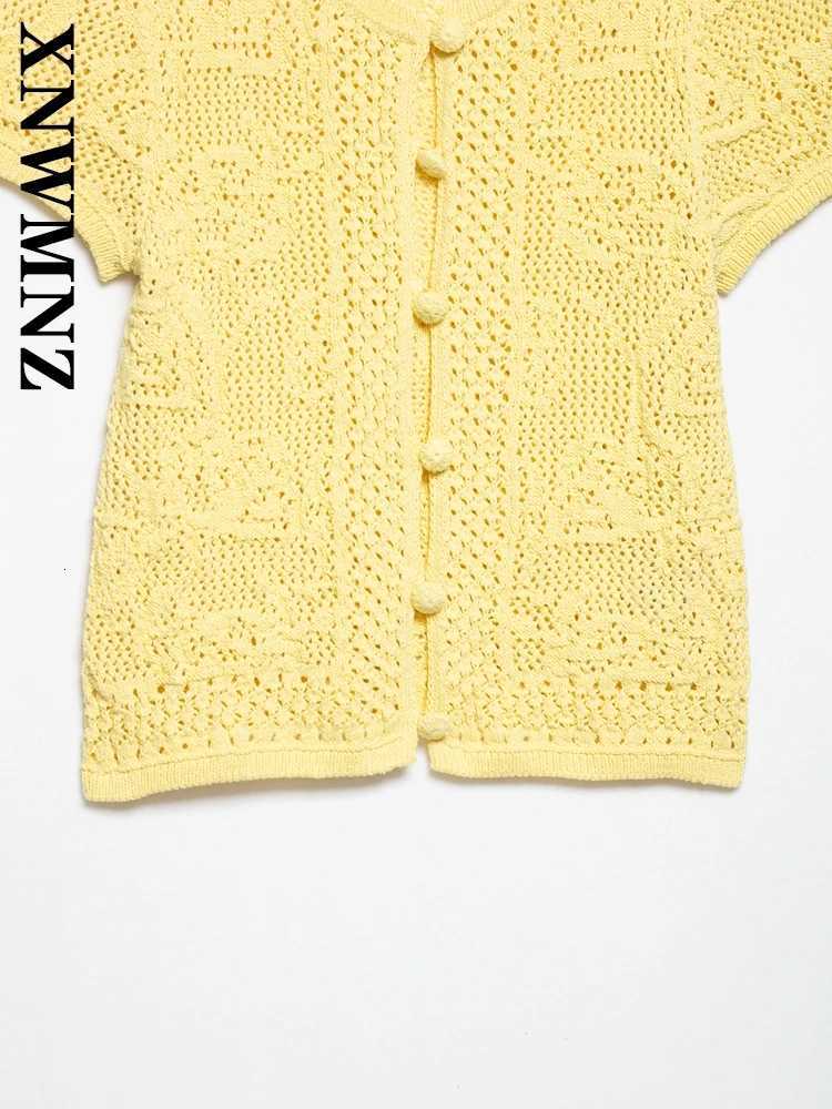 2025 Summer Women Fashion Commuting Short Sleeve Crochet Knitted Cardigan Elegant Simple Lady Yellow O-Collar Sweater X250724