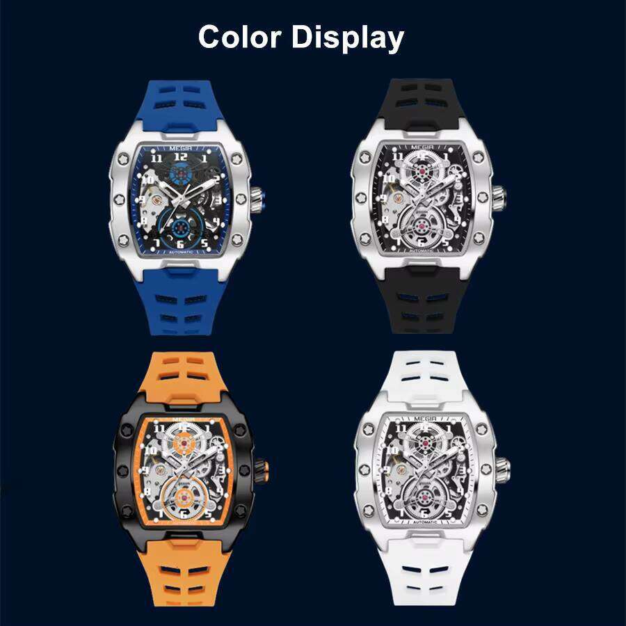 DHgargets MEGIR Men's Skeleton Tonneau Watch - Automatic Mechanical, Luminous, 30M Waterproof, Silicone Strap, Fashion Wristwatch