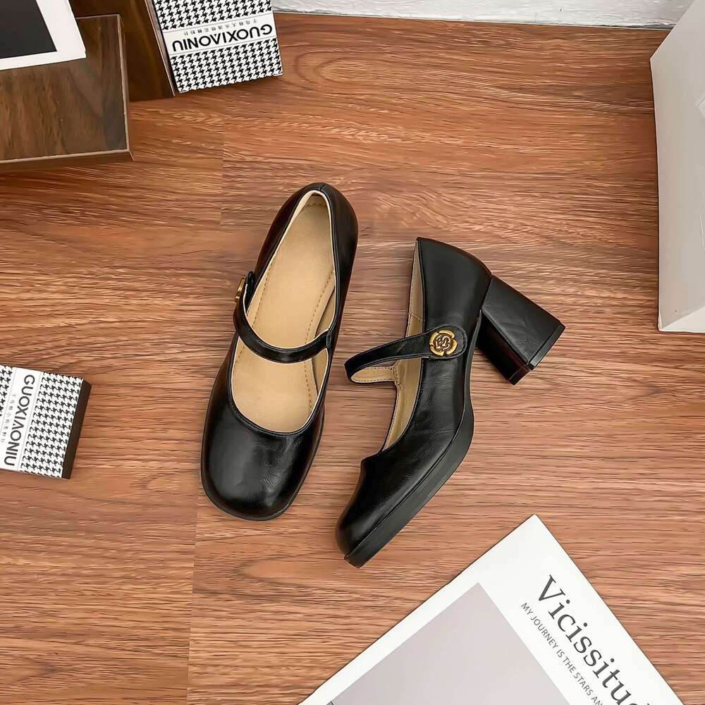 2025 High Heels for Women, Chunky Heel, High-End French Style Single Shoes, Camellia Waterproof Platform, Comfortable Soft Sole Women's Shoes