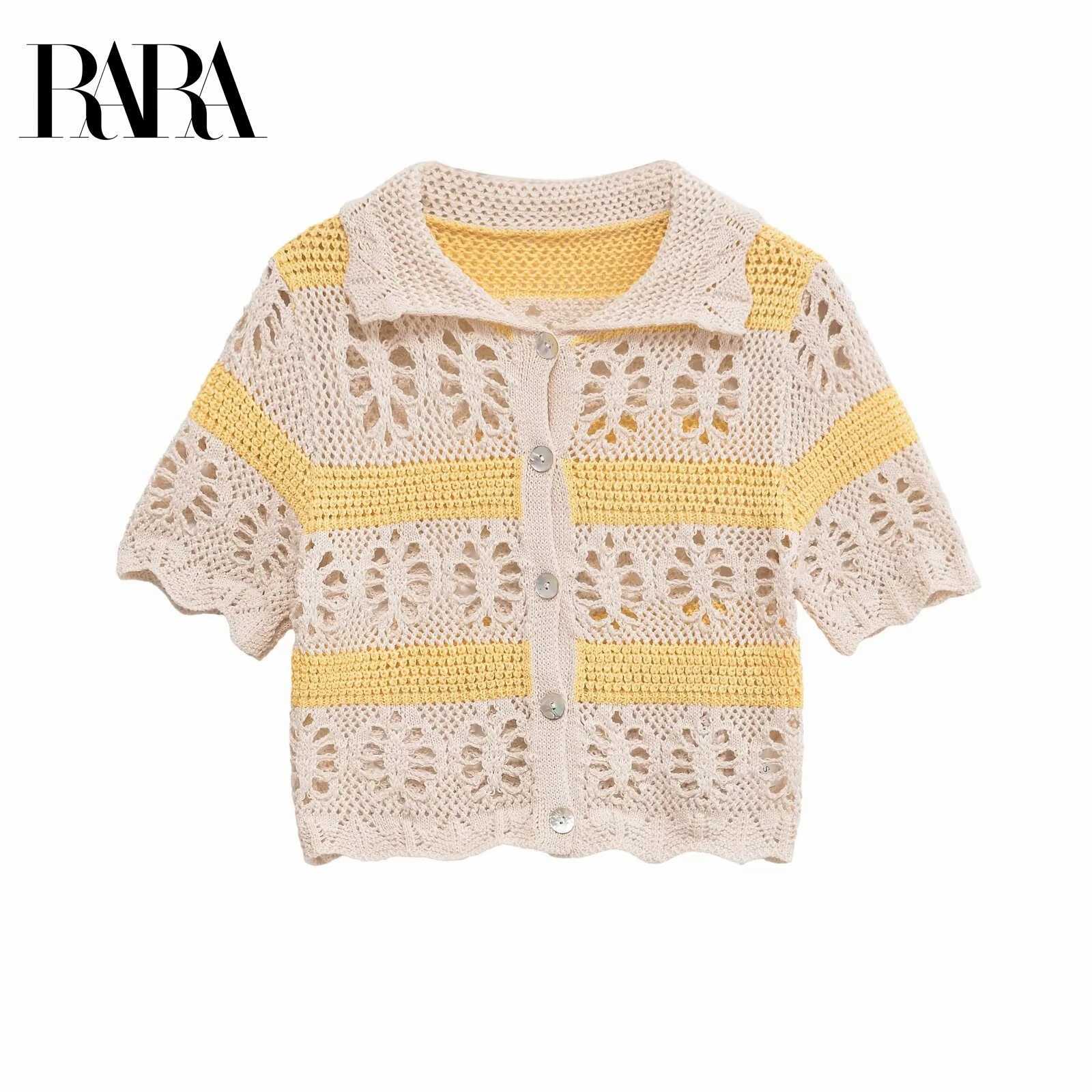 2025 Womens Summer New Jacquard Hollow Out Decorated Casual Elegant Lapel Short Sleeve Striped Knit Cardigan X250724