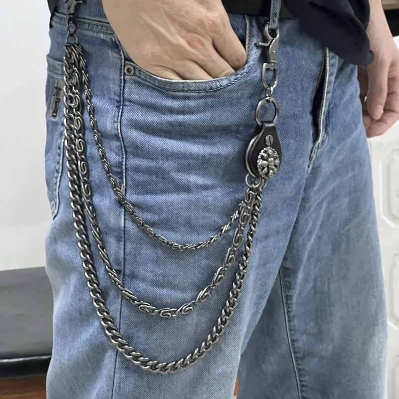 Halloween Hip hop punk pants chain Jeans Skeleton decoration on the waist Genuine leather metal jewelry 250722