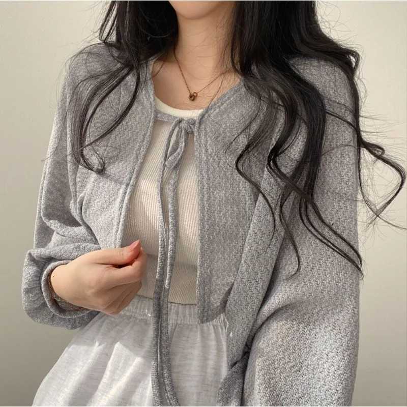 Dptown Lace Up White Cardigan V Neck Knitwear Lantern Sleeve Womens Sweater Korean Fashion Spring Knit Oversize Wear To Work X250724