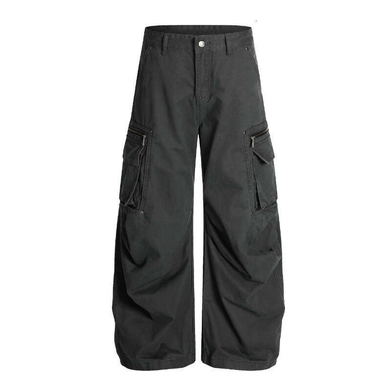 American High Street Large Pocket Zipper Cargo Wide Leg Three-Dimensional Cut Straight Loose Trendy Men's Pants