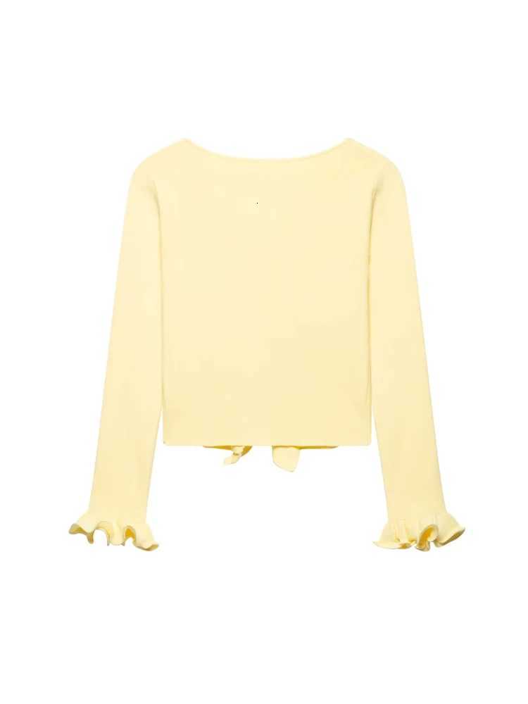 TRZA Womens Fashion Ruffle Cropped Knit Cardigan Sweater Long Sleeve Front Bow Tied Chic Outerwear Top X250724