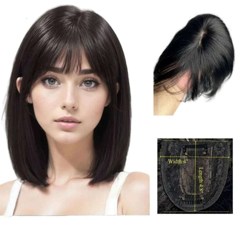 Women's 100% Human Topper with Bangs Clip-In Straight Piece Natural Fringe 25cm False for Quick Hair Volume