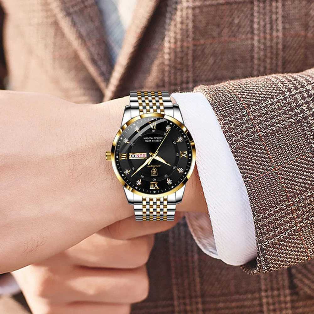 POEDAGAR Men Watches Stainless Steel Push Button Hidden Clasp Week Date Waterproof Luminous Top Brand Luxury Quartz Wristwatch W250724