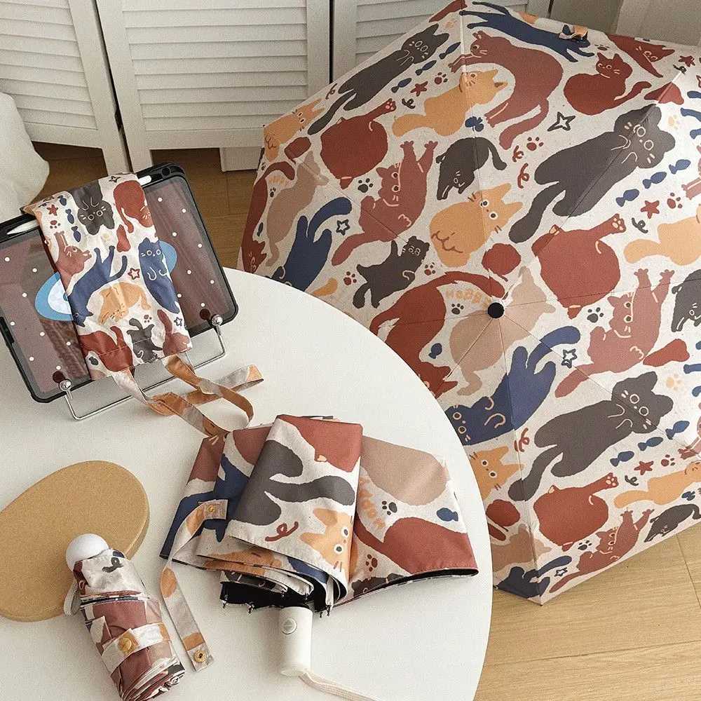 Fully Automatic Graffiti Ins Cat Folding Sun and Rain Dual-purpose Umbrella Sun Protection Portable Small Sun Umbrella Student R250724
