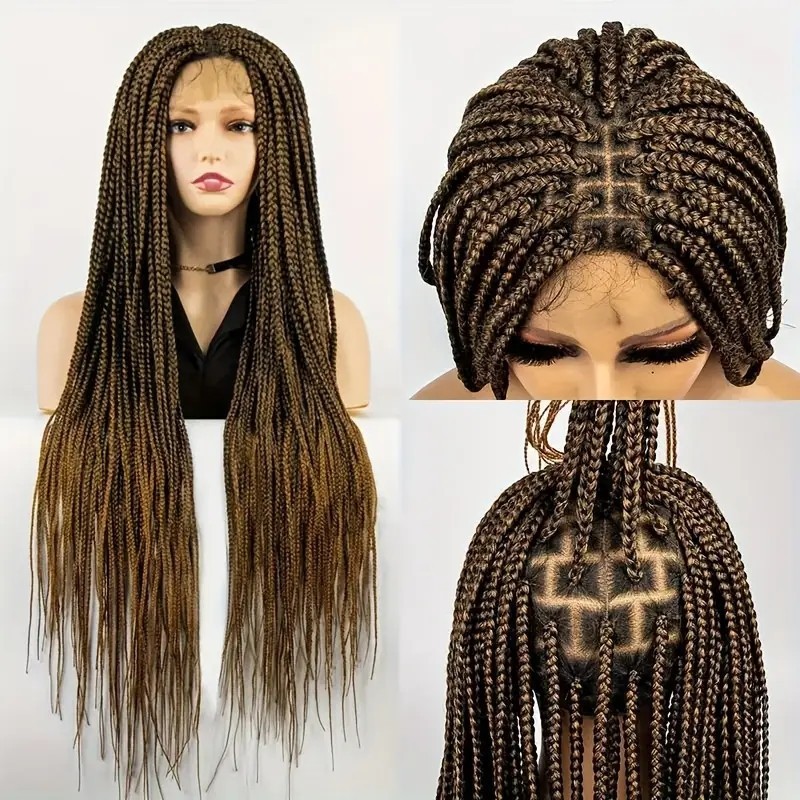 Handmade Africa Braided Style Wig Look Like Really Human Hair Long Curly Wig 360 Full Lace Braiding Wig Box Braid Braided Lace Front Wig Bohemian Boho