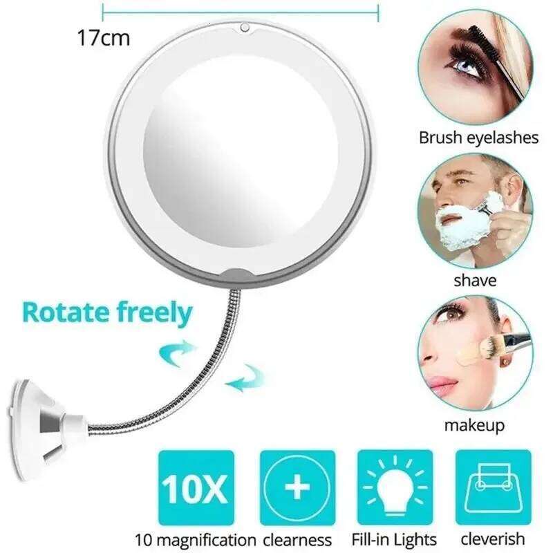 Flexible Gooseneck Makeup with LED 10X Magnifying Mirror Suction Cup Bright Diffused Light and 360 Degree X250723