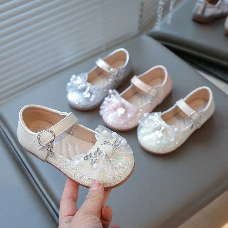 2025 Princess Shoes Mesh Lace Bow Childrens Flat Shoes Shiny Glitter Childrens Leather Shoes Round Head Sweet Hook and Loop XJ250724