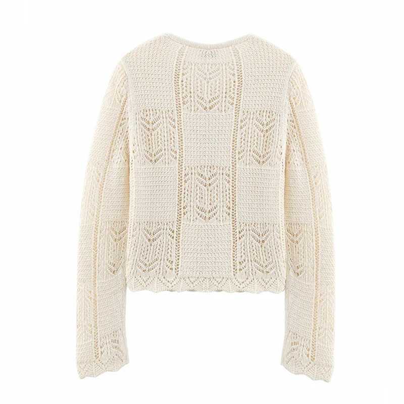 2025 New Summer Womens Cardigan White Jacquard Mesh Knit Jacket with Pearl Buttons Fashionable Personality Casual and Versatile X250724