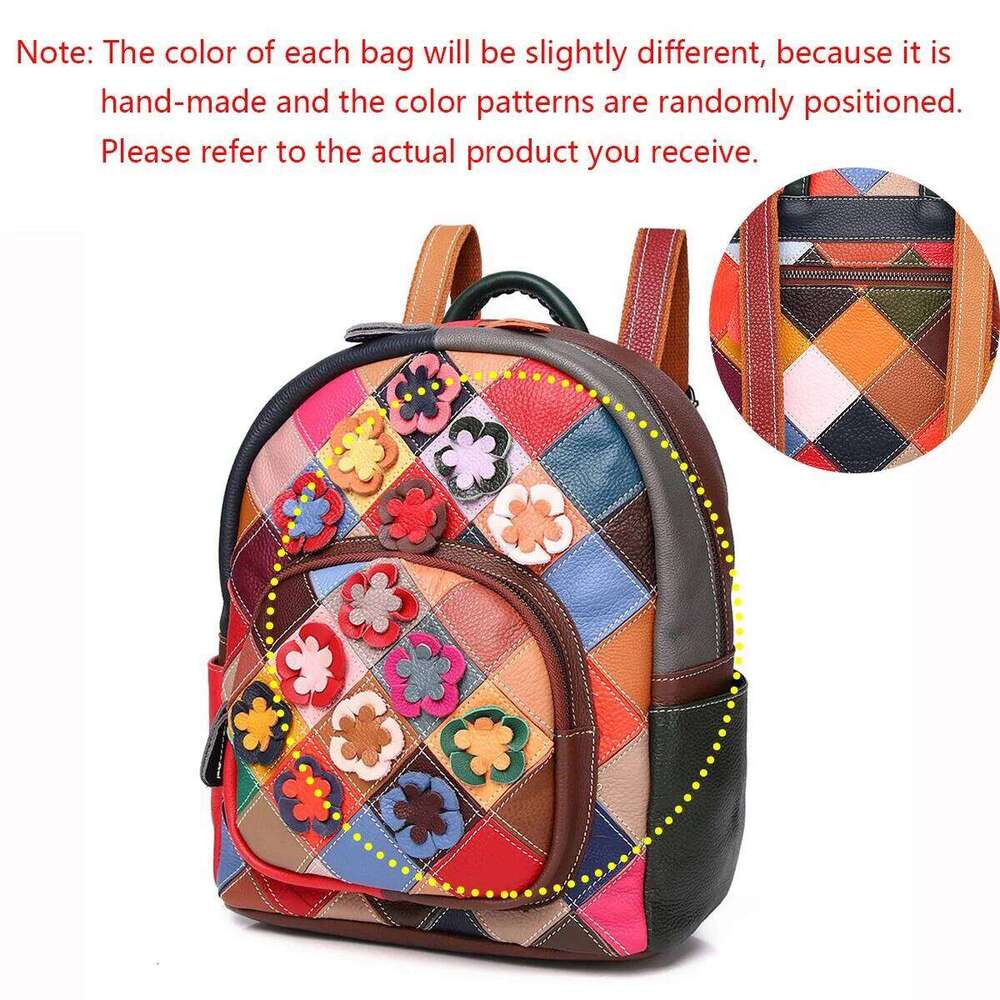 Genuine Leather Fashion Backpack Cowhide Colorful Design Model Handmade Flower Splicing Color Collision College Ladies Schoolbag