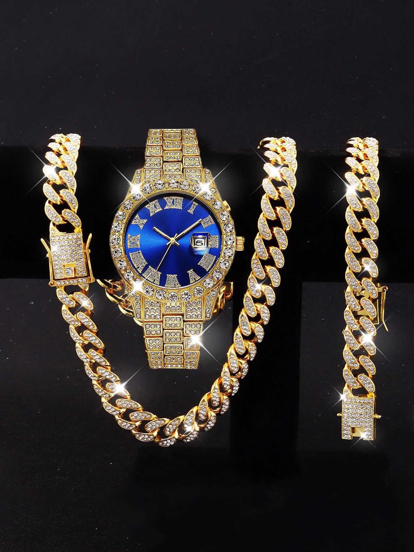 3PCS luxury alloy full diamond rhinestone mirror mens quartz watch with calendar and Hip Hop Cuban Necklace bracelet set W250724
