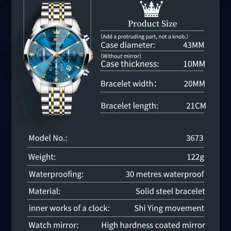 3673 Men Business Watch Luxury Multi-functional HD Waterproof Date Chronograph Moonphase Watch Top Brand Quartz Men Watch W250724