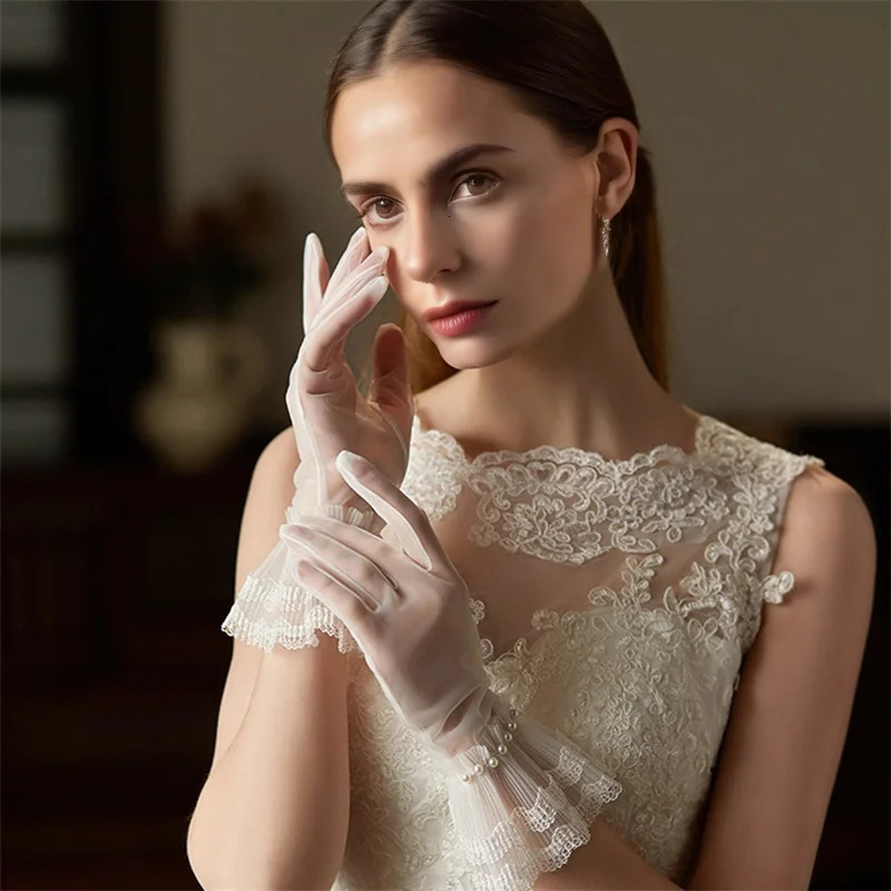 Elegant Lace Fingerless Gloves with Pearl Embellishments for Brides Proms and Special Occasions - Delicate Sheer Wrist Length 250722